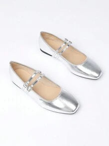Women's Silver Square Toe Flat Shoes With Fashionable Single Buckle Strap, Simple Design Elegant Casual French Retro Mary Jane Flat Loafers Suitable For Daily Commute And Gathering