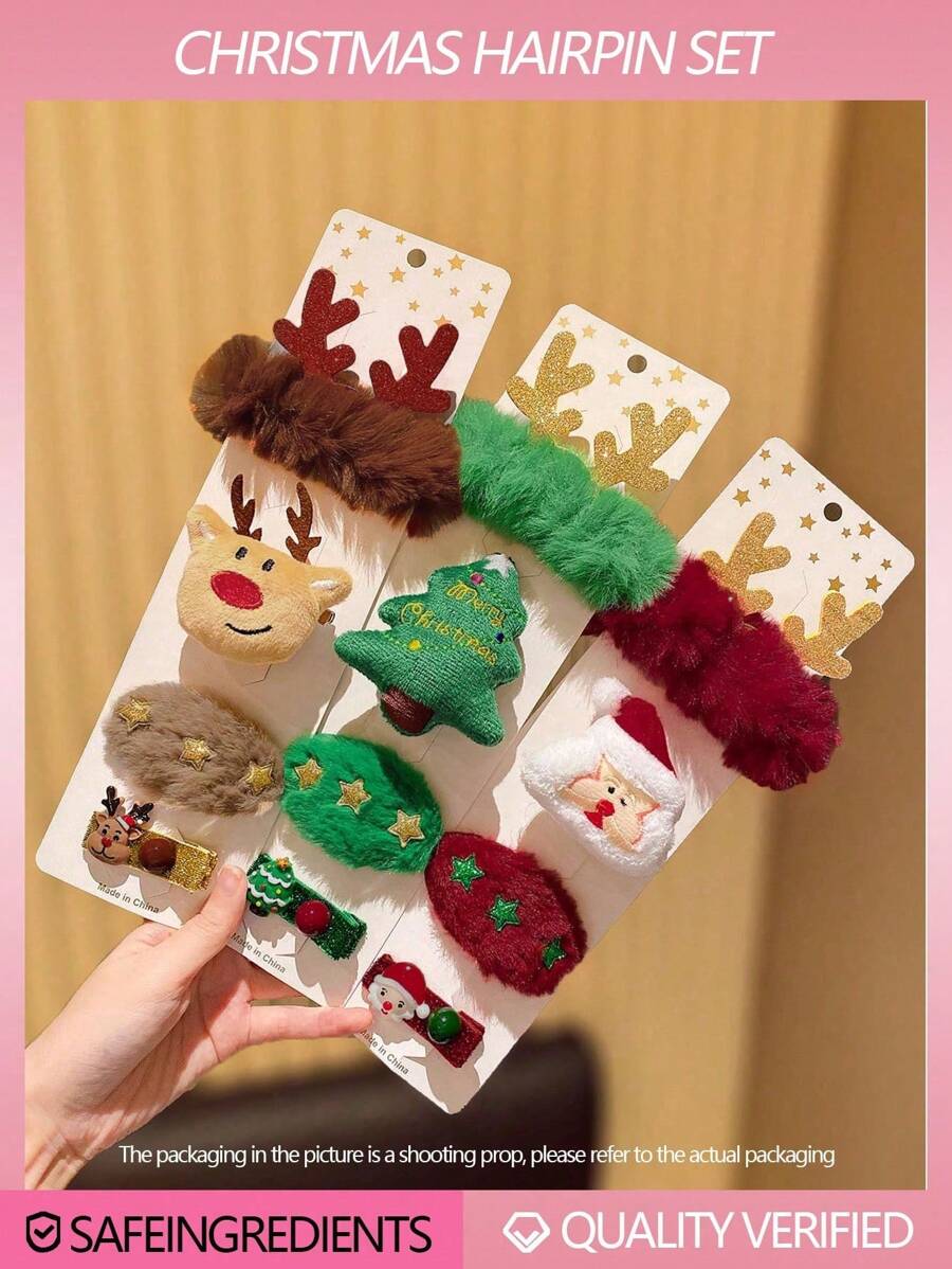4pcs/Set Christmas Cute Cartoon Hair Clips Hair Ties Set, Santa Claus, Reindeer, Christmas Tree Design, Hair Accessory - Multicolor - View 1