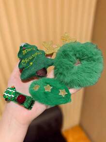 4pcs/Set Christmas Cute Cartoon Hair Clips Hair Ties Set, Santa Claus, Reindeer, Christmas Tree Design, Hair Accessory - Multicolor - View 4