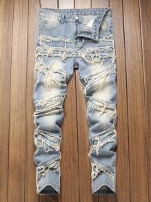 Vintage Distressed Straight Leg Jeans For Teens - Medium Wash - View 1