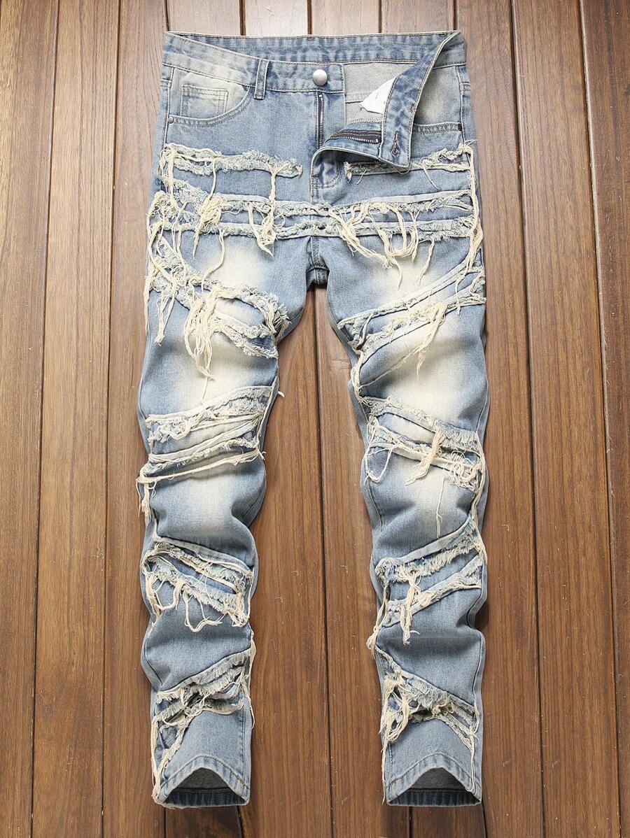 Vintage Distressed Straight Leg Jeans For Teens - Medium Wash - View 1