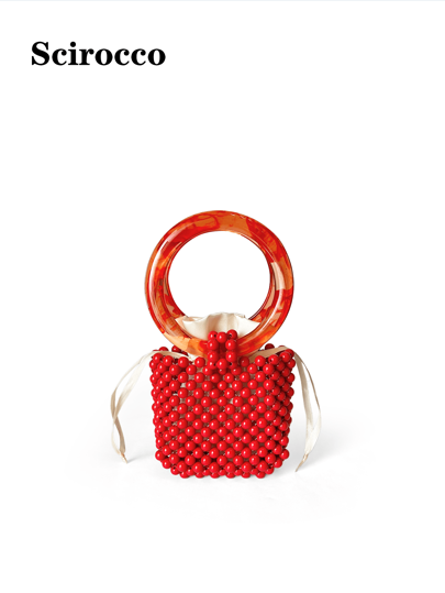 Mini Lipstick Shaped Handbag, New European & American Fashion Vintage Niche Handmade Beaded Circular Handle Acrylic High-End Women Beaded Handbag