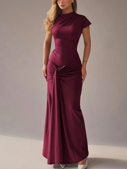 Brown Lace-Up Bandage Patchwork Ruffle Short Sleeve Dress