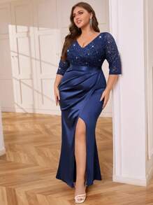 加大 V 领亮片蕾丝撞色缎面开叉裹腿下摆正式派对长裙，优雅舞会晚礼服，适合婚礼嘉宾、毕业典礼、晚宴 - 藏蓝色 - 查看 6