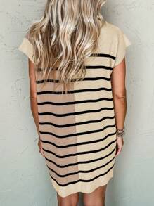 Khaki Striped Color Block Quarter Zipper Collar Short Sleeve Sweater Dress - Multicolor - View 2