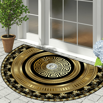 1pc 'Black Background, Squre Frame, Gold Floral Pattern, White Flower Core Inside' Half Round Rug, Indoor Mat, Throw Rug, Creative Door Mat, Entryway Themed Mat, Home Decor, Non-Slip Floor Rug Mat, Bedroom Accessories, Photo Props, Outdoor Decor, Throw Rug, Area Rug, Gift
