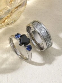 2pcs Delicate Fashion Dragon Pattern Heart Diamond Couple Ring Suitable For Men And Women Daily Matching Use Holiday Dating Gift Jewellery - Silver - View 5