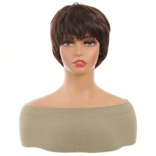Perruque synthétique brune foncée à coupe pixie court, avec des cheveux naturels droits et superposés, avec des franges volumineuses. Résistante à la chaleur, convient pour un usage quotidien pour les femmes