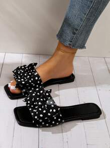 Sandalias planas de puntera cuadrada y abierta con diseño de lazo, zapatillas de playa casuales y de moda para mujer