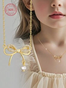 Artepollo 1pc 925 Sterling Silver Hypoallergenic Bow Pendant Necklace, Inlaid With Sparkling Cubic Zirconia, Cute & Elegant, Gift Box Packaging, Gift For Kids, Friends, Back To School