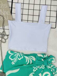 2pcs Set Of Suplex Crop Top + Skirt With Printed Shorts - Màu xanh Ô liu - Xem 2