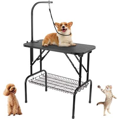  GRANDMA SHARK Dog Lover And Dog Mom Love Grooming Table, 32'' Foldable Cat/Dog Lover Gift And Dog/Cat Mom Love Pet Grooming Table With Adjustable Fixed Arm And Mesh Storage Basket Maximum Capacity 100KG (Single Tether)