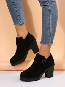 Botas de tobillo de tacón grueso clásicas para mujer, zapatos planos de ante de caña alta, zapatos gruesos para madres, botas de trabajo ligeras y resistentes al agua con plataforma y tacón alto negro - Negro - Ver 7