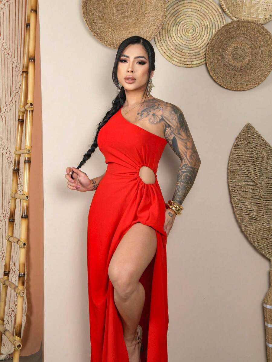 Women's Long Dress Side Slit Duna Mula Manca Lined Elegant Party Wedding - Đỏ - Xem 1