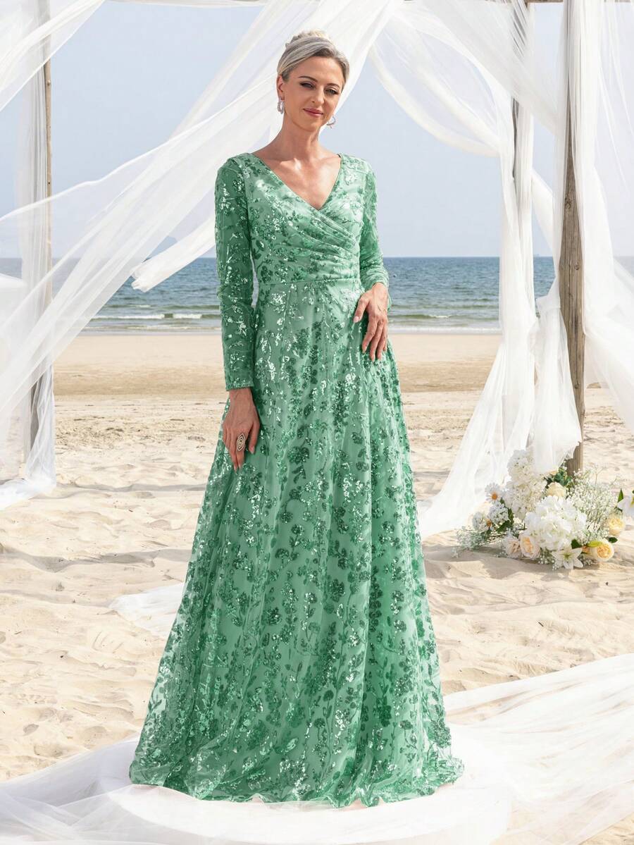 Faeriesty Mosy Elegant Surplice Neck Floral Sequin Mother Of The Bride Formal Dress - Green - View 1