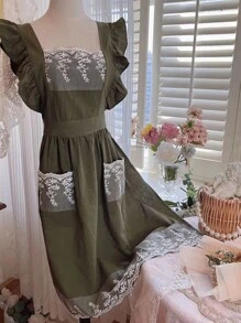 1 件女式围裙全长复古花卉设计日式花园和家居夏季公主裙带蕾丝装饰 - 彩色 - 查看 19