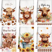 Absorbent Dish Kitchen Towels - 6 PCs Highland Cow Sunflower Summer Yellow Cleaning Drying Dishes Towel Soft Farmhouse Decor Funny Gifts ,Dining Room And Kitchen Decor - Multicolor - View 1
