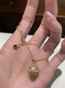 1 件复古法国奢华方晶锆石松果吊坠项链，优雅高端时尚颈链适合日常佩戴 - 金色 - 查看 4