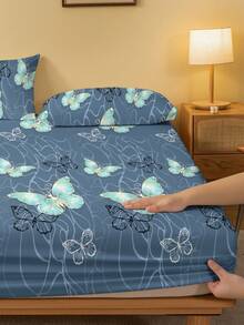 1件简约现代线条几何蝴蝶纹理印花磨毛床笠，卧室印花床罩，床上用品（不含枕套） - 彩色 - 查看 4