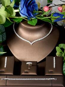 1set Elegant Cubic Zirconia Geometric Jewelry Set, Suitable As Women's Date Gift