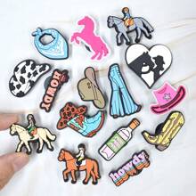 20PCS/SET Cowgirl Series Pvc Giày Charms Ngựa Hồng Howdy Cowgirls Mũ Cao Bồi Khăn Trùm Đầu Hoa Văn Phụ Kiện Giày Quà Tặng Tuyệt Vời Cho Các Bữa Tiệc - Đen và trắng - Xem 2