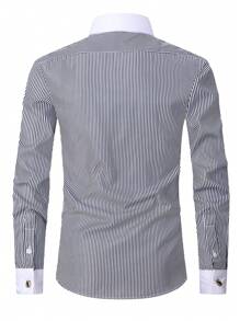 1pc Men's French Cuff Dress Shirt - Contrast Trim Formal Wear For Wedding & Business | Includes Free Cufflinks (Groom/Groomsman Essential) - 黑色 - 查看 3