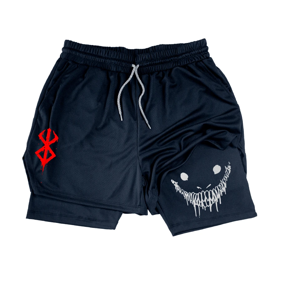 Men's Dry Fit 2 In 1 Compression Shorts Gothic Smile Guts Sacrifice Brand Red Color Gym - 黑色 - 查看 1