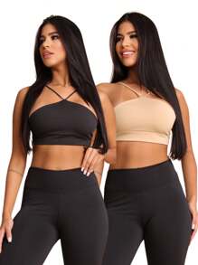 Kit 2 Top Gym Strap Fitness Cropped Zero Transparency Running Workout Clothing - Black and Beige - View 3