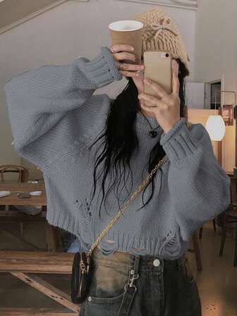 Women's Fashion Casual Unique Design Oversized Grey Loose Distressed Sweater