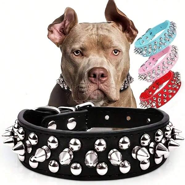 Adjustable Spiked Leather Dog Collar - Soft PU Leather With Stylish Mushrooms, Rivet And Spike Studs, Durable Training Collar For Girls And Boys With Easy-Adjust Buckle And Comfortable Wear