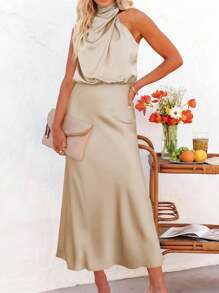 Solid Draped Front Satin Dress - Apricot - View 3