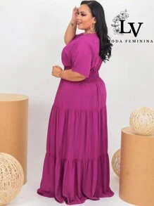 Plus Size Long Dress V Neck Short Sleeve - Rose Red - View 2