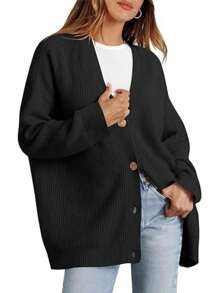 Chaquetas de punto tipo cárdigan para mujer, oversize, de punto grueso, de manga larga, con abertura frontal y botones, otoño - Negro - Ver 2