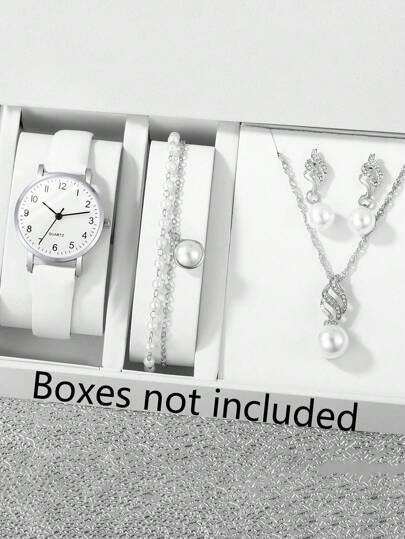 5 件优雅可爱的女孩石英表白色皮革表带女孩小巧石英表最佳项链手链耳环礼物送给女朋友万圣节圣诞节礼物感恩节返校季