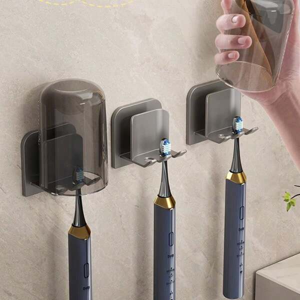 Portaspazzolino in metallo, supporto per spazzolino elettrico senza fori da montare a parete, in grado di contenere tutti i modelli di spazzolini e bicchieri per collutorio, in materiale in alluminio spaziale anti-ruggine, decorazione per bagno di casa, adatto per il rientro a scuola estivo