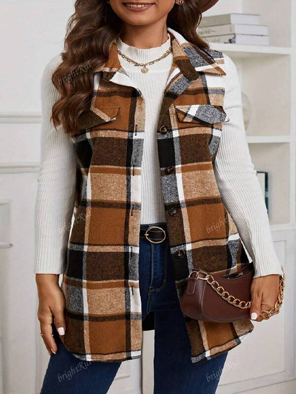 Kurtka bez rękawów w kratkę w dużym rozmiarze z klapkami