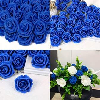 50PCS Royal Blue Artificial Roses, Plastic Foam Flowers For DIY Wedding Centerpieces, Home Decor, Seasonal And Crafts, Versatile Holiday Party Decorations