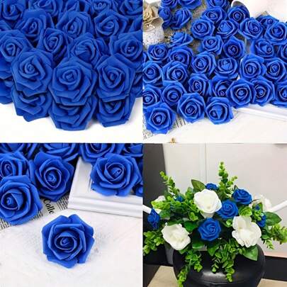 50 piezas de rosas artificiales azul real + blanco, flores de espuma de plástico, adecuadas para decoración central de boda DIY, decoración del hogar, decoración estacional y manualidades, uso versátil para decoración de fiestas festivas