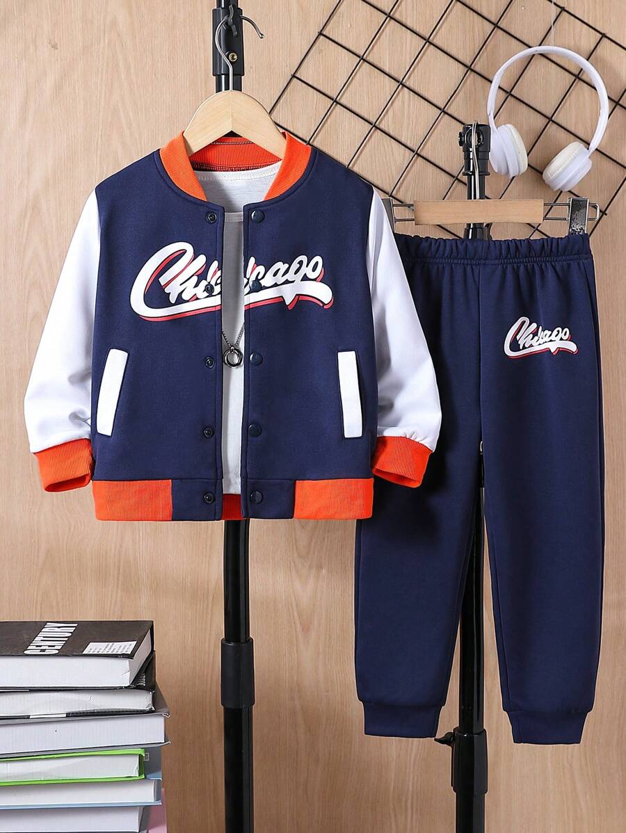 2 件套男童芝加哥印花拼色棒球夹克和休闲裤，儿童户外装，秋冬季 - 寶藍色 - 查看 1