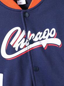 2 件套男童芝加哥印花拼色棒球夹克和休闲裤，儿童户外装，秋冬季 - 寶藍色 - 查看 3