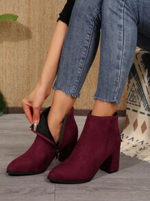 Wear With Hoodie,Women's Faux Suede High Heel Short Boots, Pointed Toe With Side Zipper Lined, Fashion Winter Boots - Burgundy - View 6