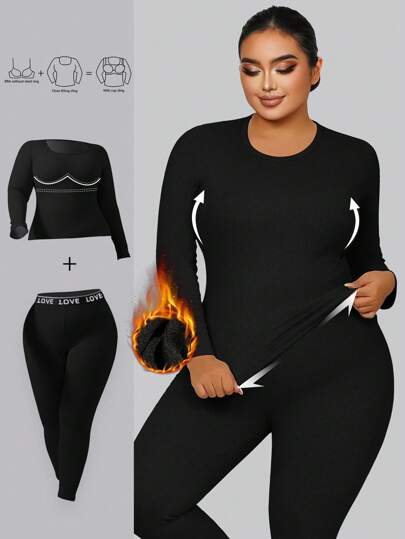 1 Set Plus Size Fleece Ribbed Crew Neck Long Sleeve Top & Letter Print Waistband 7/8 Pants, 2-In-1 Seamless Bra Included, Autumn/Winter