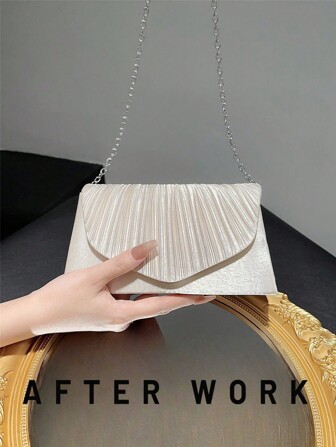 Women Classic And Elegant Pleated Design Clutch Bag With Flap. Perfect For Formal Parties, Romantic Weddings, Dances, And Evening Events. Can Be Used As Handbag, Envelope Bag, Or Chain Bag. Fits With Evening Gowns Or Formal Dresses.
