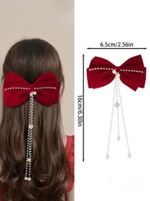 New Burgundy Velvet Rhinestone Faux Pearl Tassel Oversized Bow Ribbon Hair Clip, Elegant Clamp For Hairstyle, Hair Accessory For Women Valentine's Day Valentines,Hair Barrettes Hair Clips Claw Clips Hair Claws