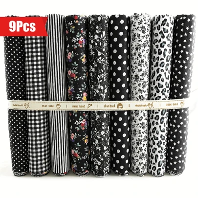 Tela para costura 9 piezas, tela estampada con patrón de flores, retazos para patrones de costura y manualidades DIY, tela para artesanía, serie floral (50 cm x 50 cm, negro)