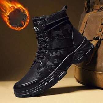 男士高帮鞋，2023年新款秋季内衬保暖户外迷彩男鞋，英伦风工装复古摩托靴