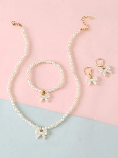 4pcs/Set Fashion Pearl Necklace, Bow Knot Beaded Necklace, Earrings, Bracelet Jewelry Set, Gift For Girls