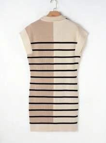 Khaki Striped Color Block Quarter Zipper Collar Short Sleeve Sweater Dress - Multicolor - View 5