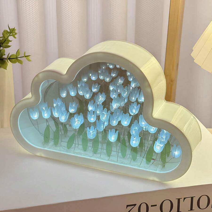 DIY Tulip Cloud Night Light Mirror Small Night Lantern Simulation Flowers Handmade Led Home Desktop Decoration Flowers Mirror 3D Table Lamp 21 Pieces Of Flowers