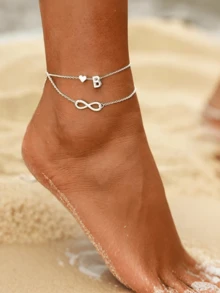 1 件金色女士双层心形和 26 个字母脚链，不锈钢心形字母吊坠女士脚链，简约几何波西米亚风格女士脚饰，适合女士派对穿着、海滩度假